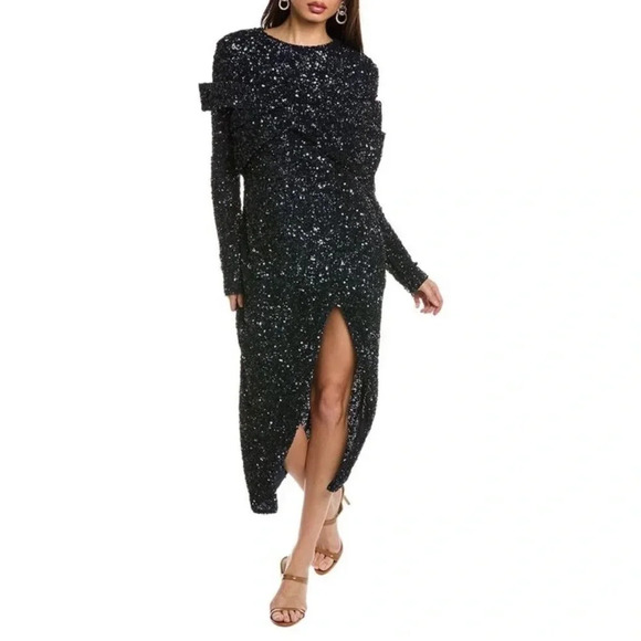 NWT Rachel Gilbert Mirella Sequin Navy Midi Dress Bow Sash Long Sleeve Size 8 - Picture 3 of 12